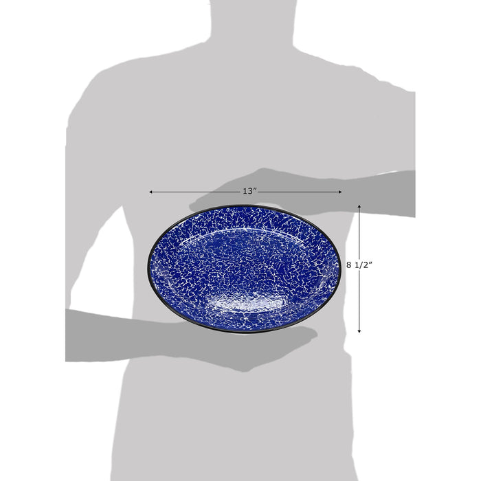 Red Co. Set of 4 Enamelware Metal Classic 13" Serving Oval Tray Platter, Navy Blue Marble/Black Rim - Splatter Design