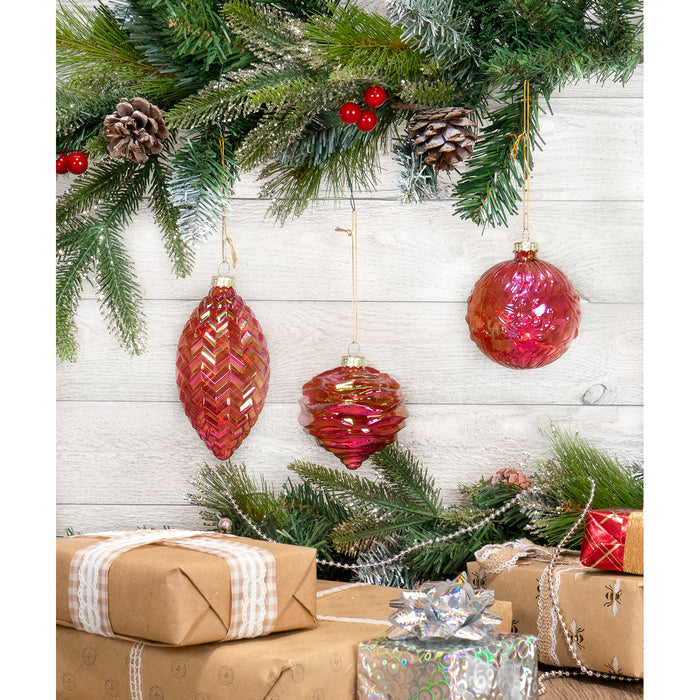 Red Co. 3" Dia Decorative Glass Hanging Christmas Tree Ornaments Set of 3 – Iridescent Red Olive, Ball & Onion