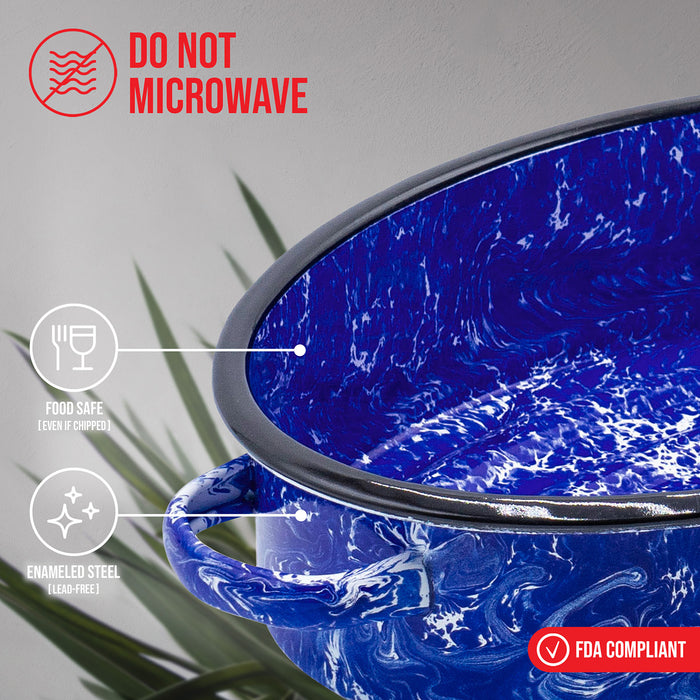 Red Co. Enamelware Metal Classic 3.6 Quart 12" Roasting Pan with Dome Lid, Navy Blue Marble/Black Rim - Splatter Design