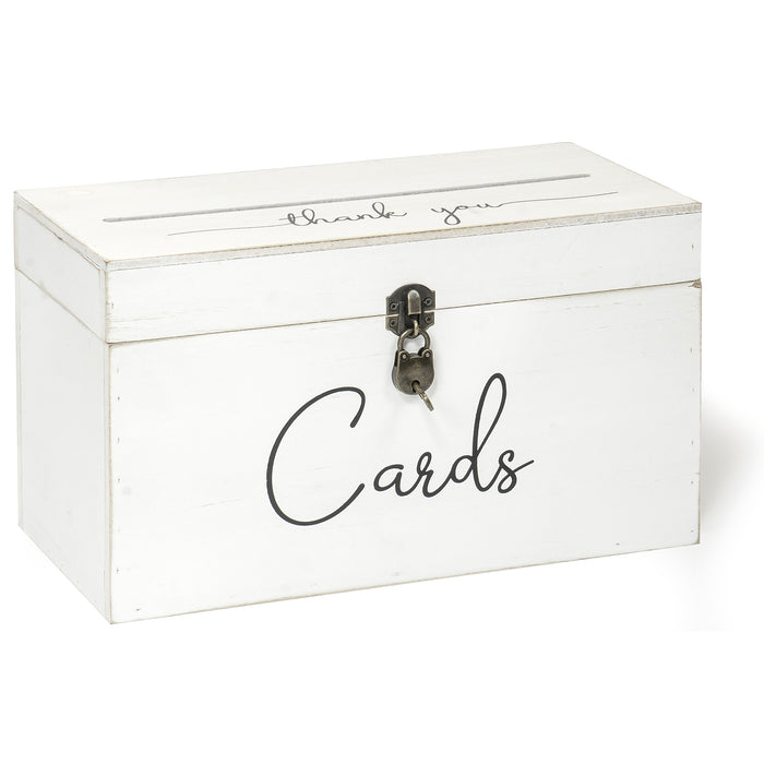 Red Co. 13” x 7” Decorative Distressed Wood Thank You Wedding Card Box with Key & Lock, White