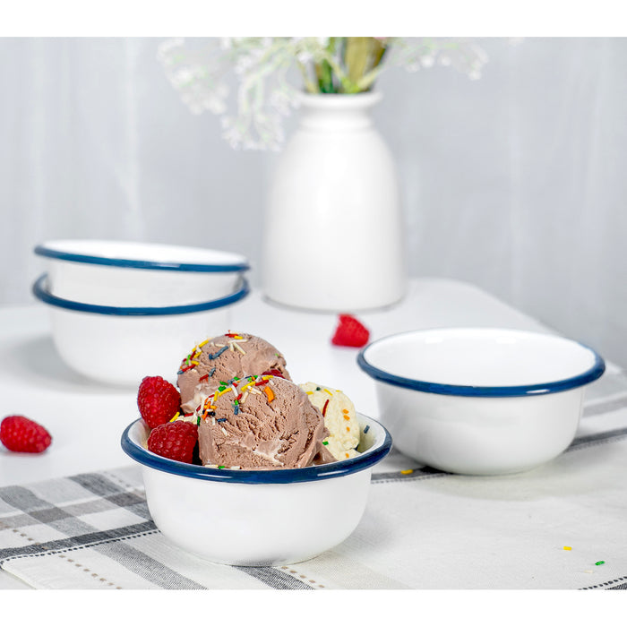 Red Co. Set of 4 Enamelware Metal 7 oz Mini Ice Cream Bowls, Solid White/Navy Blue Rim