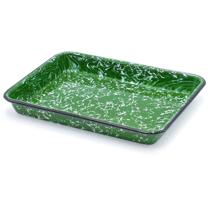 Red Co. 11" x 9" Enamelware Metal Classic 2 Quart Rectangular Serving Tray, Dark Green Marble/Black Rim - Splatter Design