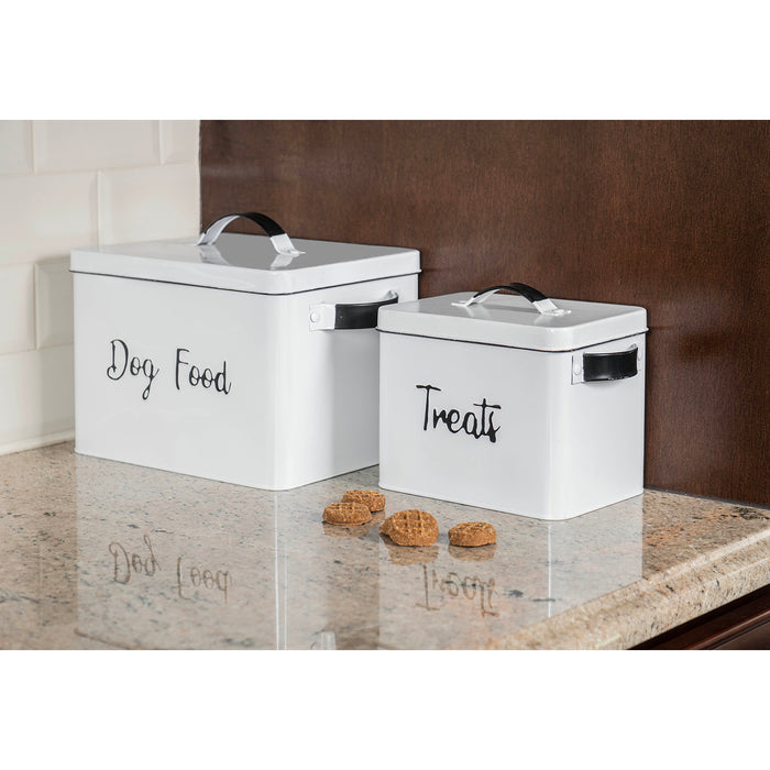 Red Co. Set of 2 Metal Dog Food & Treats Storage Containers with Lids and Handles, Distressed White