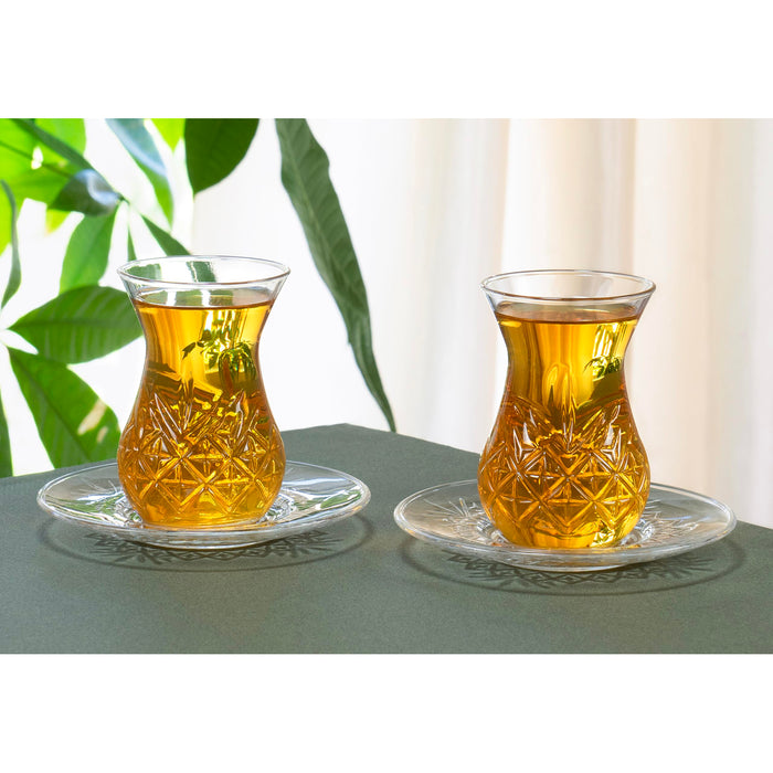 Red Co. Set of 6 Tulip Shaped 6 Fl Oz Cut Glass Turkish Tea Cups with Saucers, Clear