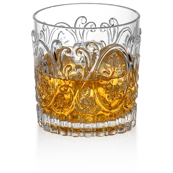 Red Co. Set of 4 Unbreakable Reusable Acrylic Vintage Embossed 14 Fl Oz Lowball Tumblers, Clear