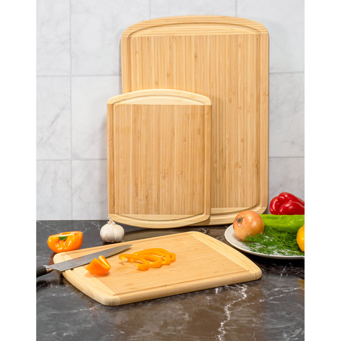 Red Co. Set of 3 Sizes (18”, 14.5”, 12”) 2-Tone Organic Bamboo Cutting Boards with Juice Grooves, Natural