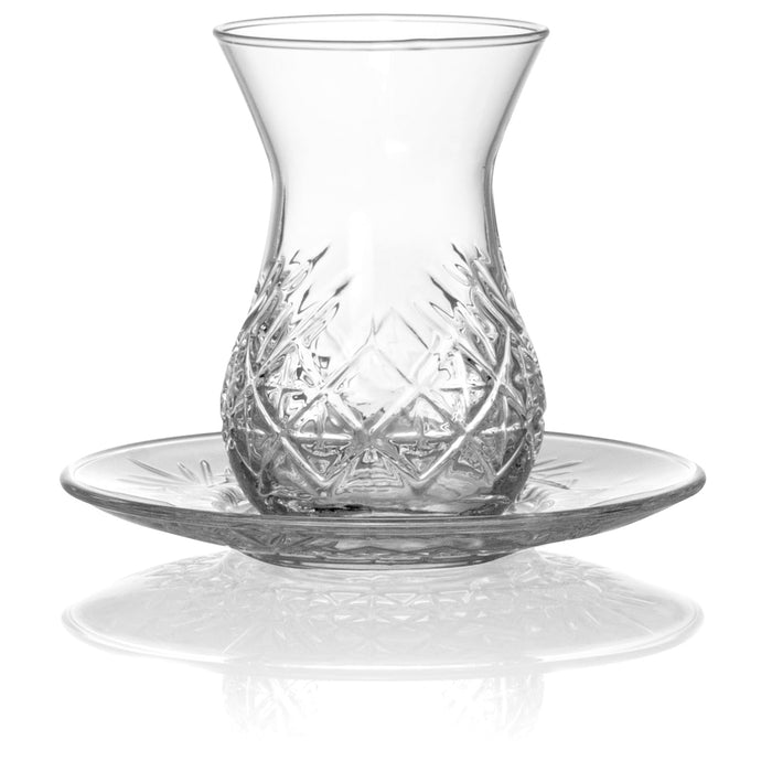 Red Co. Set of 6 Tulip Shaped 6 Fl Oz Cut Glass Turkish Tea Cups with Saucers, Clear