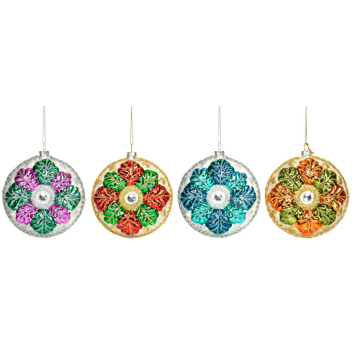Red Co. 4” Small Decorative Glass Hanging Christmas Tree Ornaments – Set of 4 Assorted Flowers