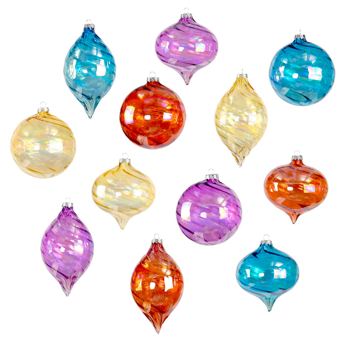 Red Co. Set of 12 Decorative 4” to 6” Assorted Iridescent Multicolor Glass Hanging Christmas Tree Ornaments - Olive, Ball & Onion