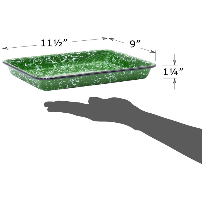 Red Co. 11" x 9" Enamelware Metal Classic 2 Quart Rectangular Serving Tray, Dark Green Marble/Black Rim - Splatter Design