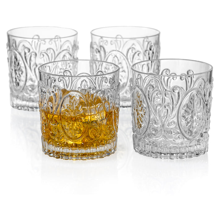 Red Co. Set of 4 Unbreakable Reusable Acrylic Vintage Embossed 14 Fl Oz Lowball Tumblers, Clear