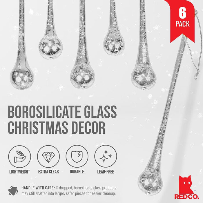 Red Co. Set of 6 Decorative 8" Glass Icicle Drop Hanging Christmas Tree Ornaments, Antique Silver