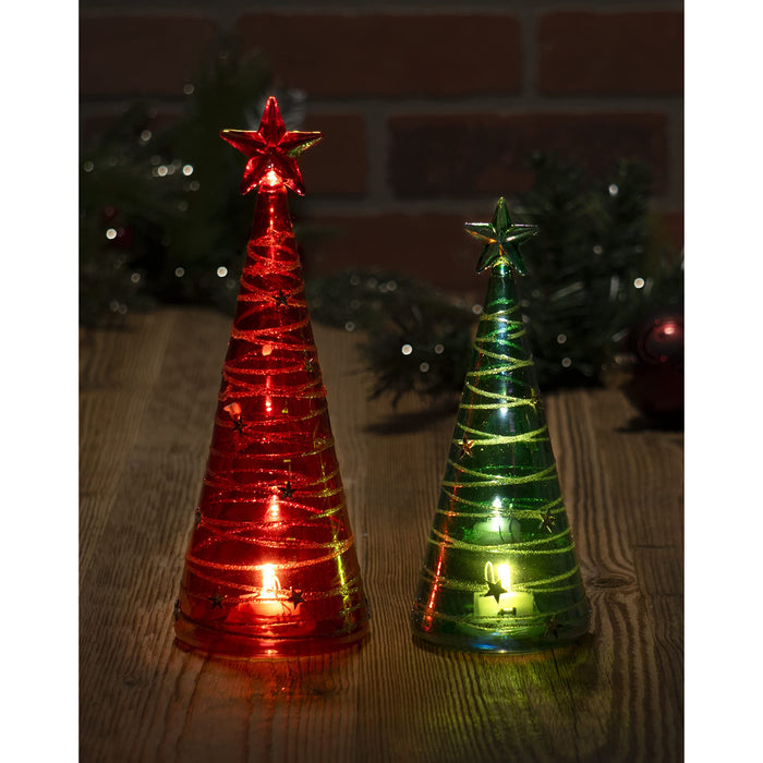 Red Co. Set of 9.5" and 8" Assorted Glass Christmas Tree Figurine Ornaments with LED Lights, Light-Up Holiday Season Décor – Iridescent Red & Blue with Silver Glitter