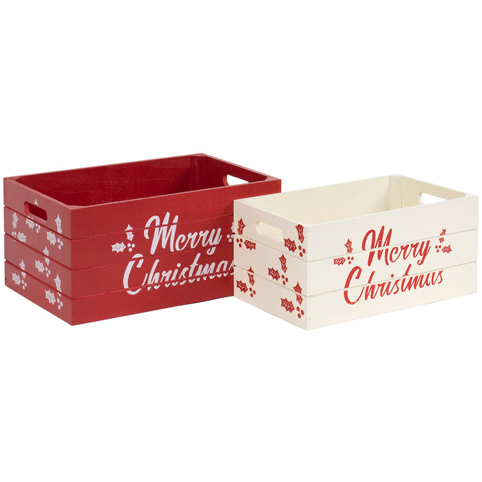 Red Co. Set of 2 Decorative Nesting Wooden Merry Christmas Storage Crate Organizers, Red and White