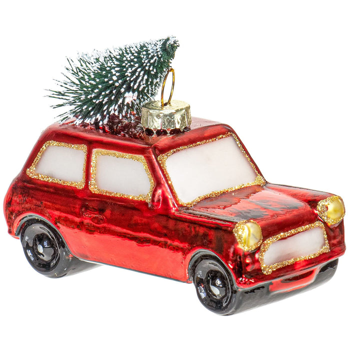 Red Co. 3” Mini Decorative Glass Christmas Tree Hanging Ornament – Glossy Red Car Hauling a Christmas Tree