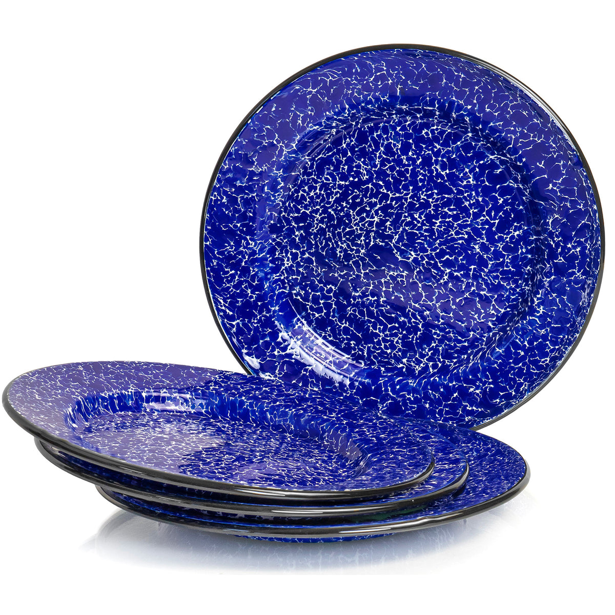 Red Co. Set of 4 Enamelware Metal Classic 10" Round Dinner Plate, Navy Blue Marble/Black Rim - Splatter Design