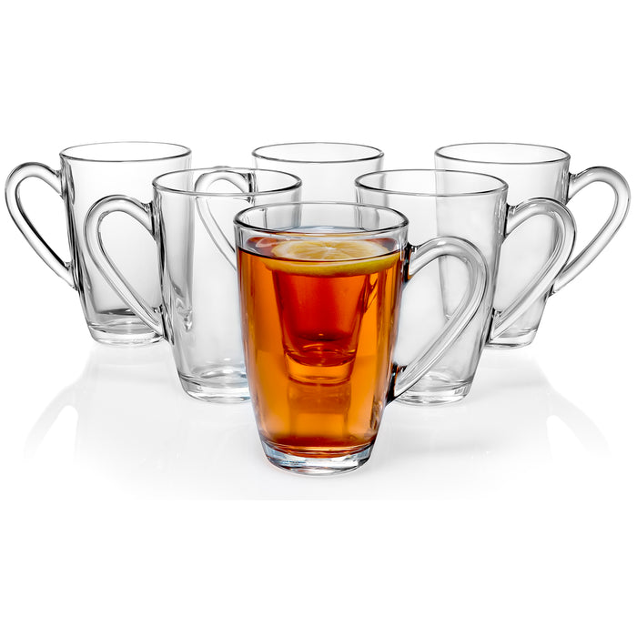 Vega Modern Clear Glass Mug with Handle, Coffee Tea Hot or Cold Drinks, Set  of 6, 10 oz