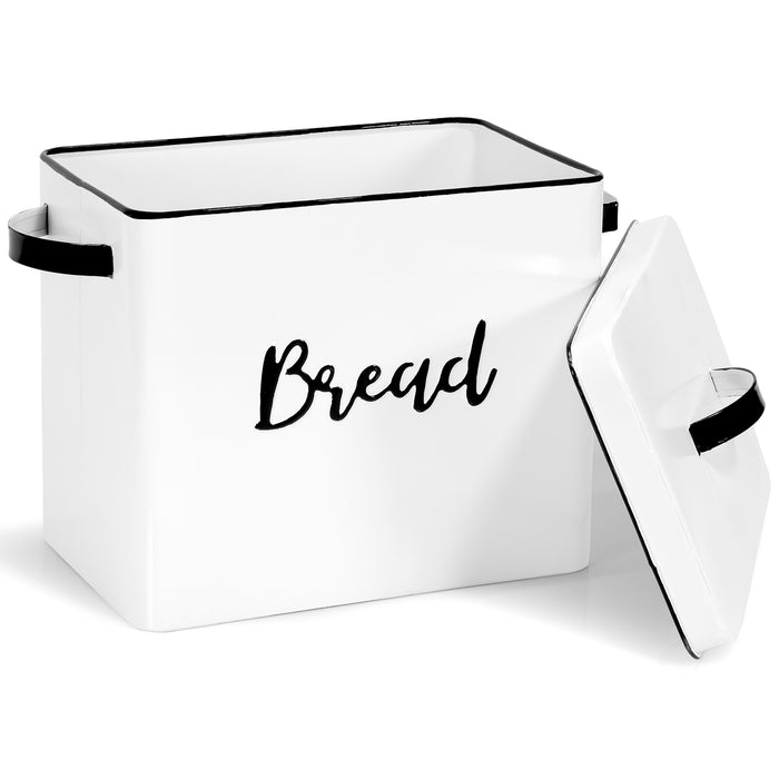 Red Co. 11” x 9.5” Distressed White Metal Bread Storage Box with Black Lettering, Lid and Handles
