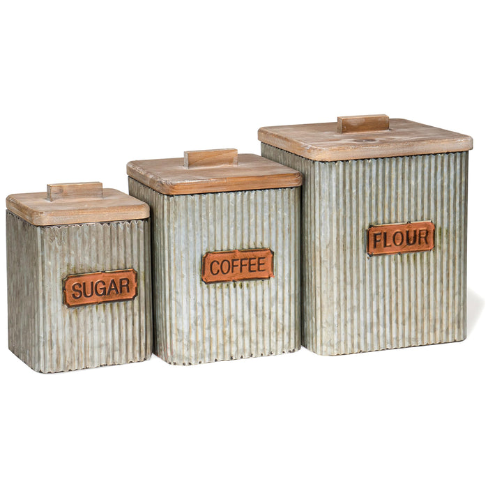 Red Co. Set of 3 Pre-Labeled Sugar, Coffee & Flour Distressed Metal Storage Canister Jars with Wooden Lids