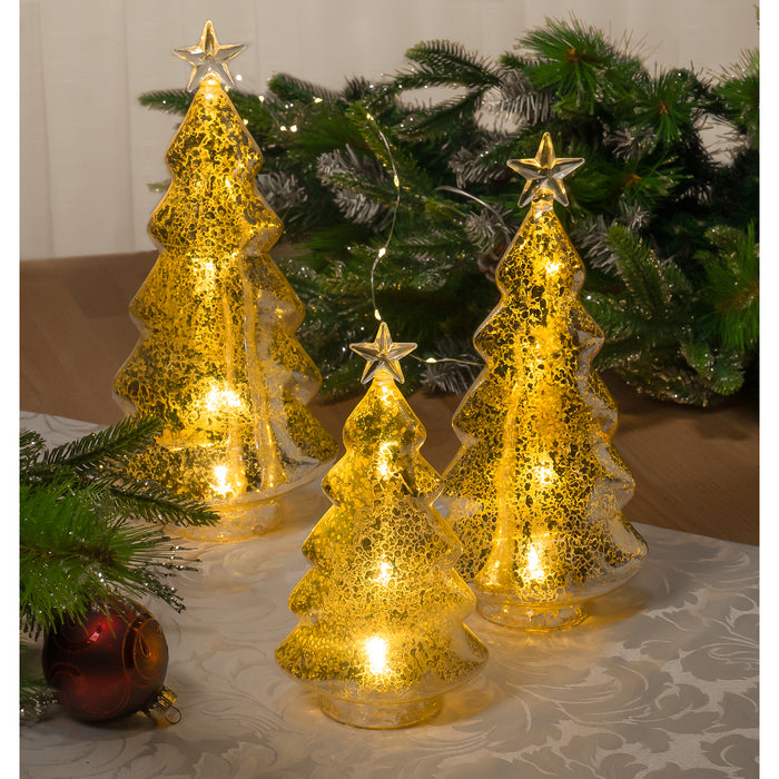 Red Co. 8.5”, 11”, 12.5” Light-Up Clear Glass Christmas Tree Tabletop Display Figurine Set of 3 Sizes, Mercury Gold