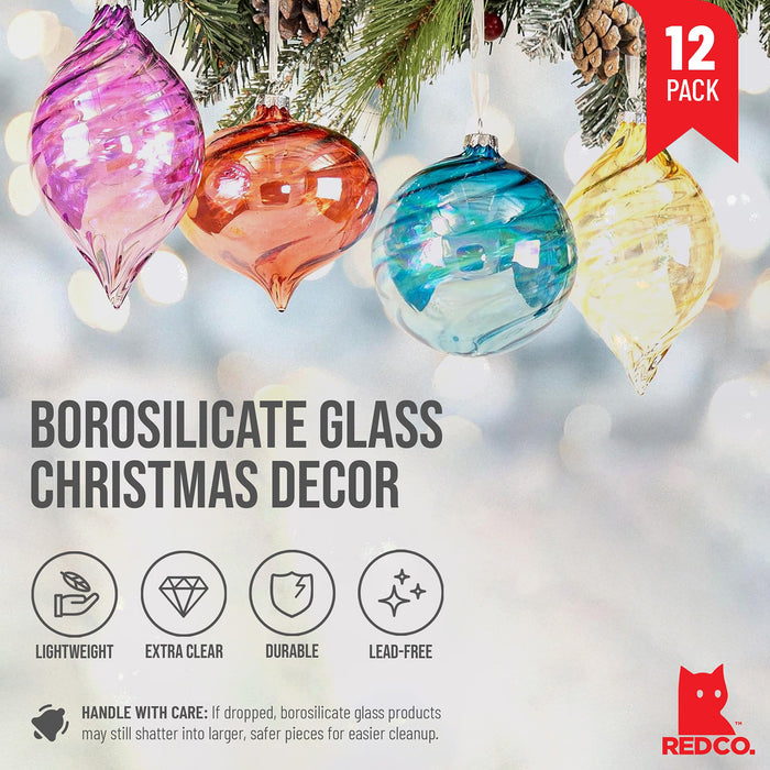 Red Co. Set of 12 Decorative 4” to 6” Assorted Iridescent Multicolor Glass Hanging Christmas Tree Ornaments - Olive, Ball & Onion