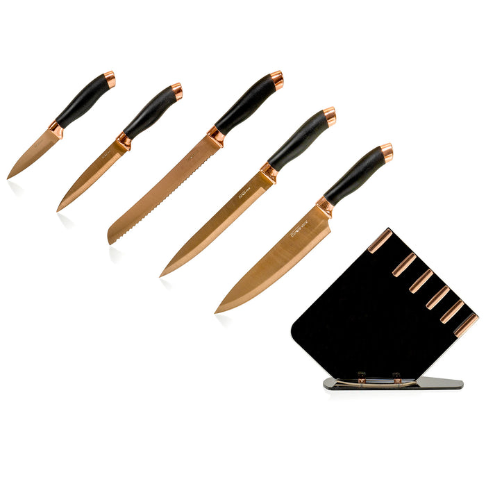 Red Co. 6-Piece Stainless Steel Kitchen Knife Set with Acrylic Base Stand, Rose Gold/Black