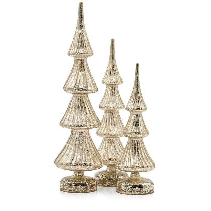 Red Co. Set of 3 (17.5”, 14”, 12”) Glass Light-Up Decorative Tabletop Christmas Tree Holiday Figurine with LED Lights, Mercury Silver