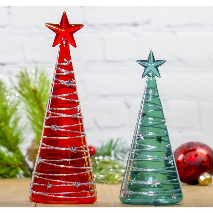 Red Co. Set of 9.5" and 8" Assorted Glass Christmas Tree Figurine Ornaments with LED Lights, Light-Up Holiday Season Décor – Iridescent Red & Blue with Silver Glitter