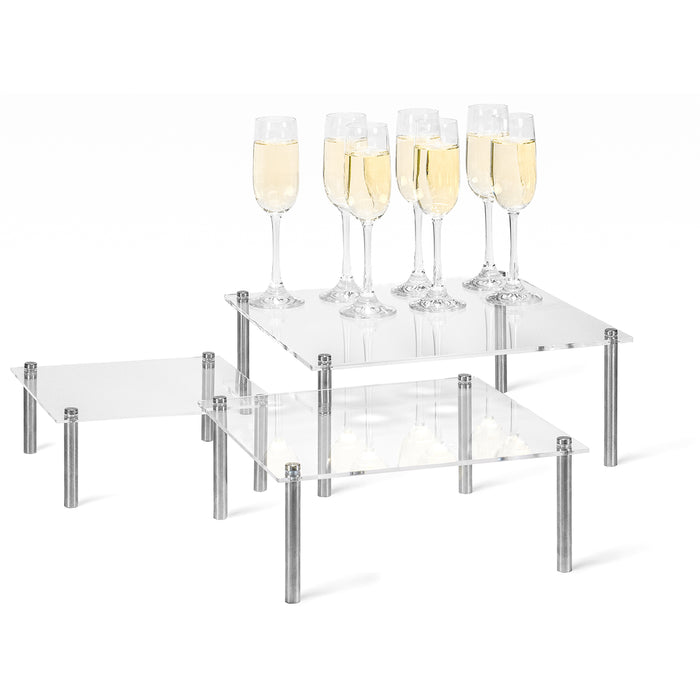 Red Co. Set of 3 (8”, 10”, 12”) Square Clear Acrylic Tabletop Display Risers with Silver Metal Legs