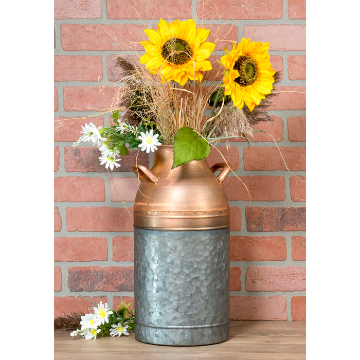 Red Co. 16” Tall Large Decorative Galvanized Metal & Copper Jug Vase with Handles, Distressed Grey/Rose Gold