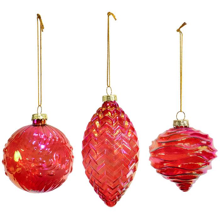 Red Co. 3" Dia Decorative Glass Hanging Christmas Tree Ornaments Set of 3 – Iridescent Red Olive, Ball & Onion