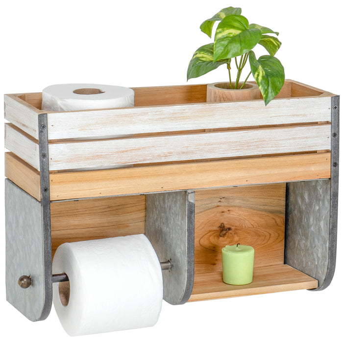 Red Cedar Shower Caddy Double Shelf with Steel Bar and Hooks