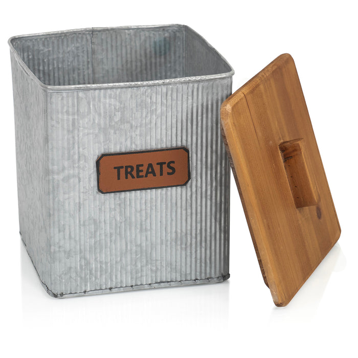 Red Co. Dog & Cat Treats Corrugated Metal Storage Canister with Wooden Lid, Distressed, 7.25" x 8”