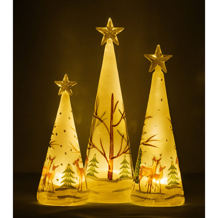 Red Co. , 11”, 9.5”, and 8” Glass Christmas Tree Figurine Ornaments with LED Lights, Light-Up Holiday Season Décor – Deer in Snowy Woods – Set of 3 Sizes