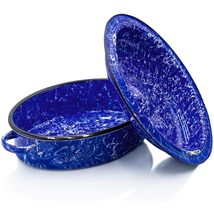 Red Co. Enamelware Metal Classic 3.6 Quart 12" Roasting Pan with Dome Lid, Navy Blue Marble/Black Rim - Splatter Design