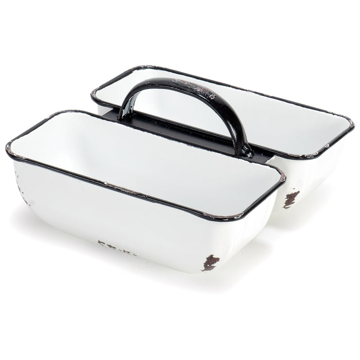 Red Co. 7.5” x 4.5” Enamelware 2-Compartment Serving & Storage Caddy Nut Bowl, White/Black Rim