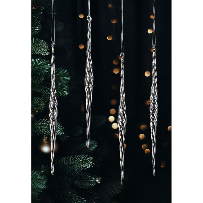 Red Co. Set of 4 Decorative 7” Silver Glass Twist Icicle Hanging Christmas Tree Ornaments