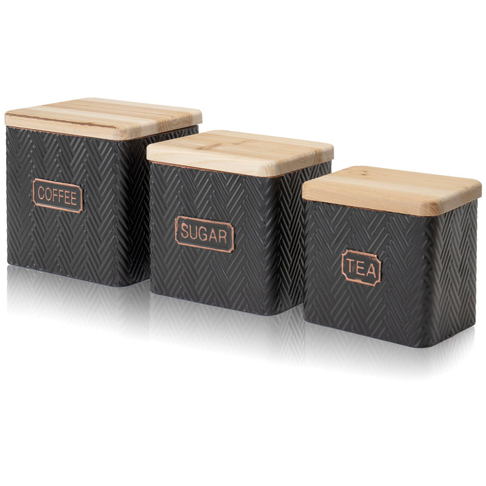 Red Co. Set of 3 Pre-Labeled Embossed Metal Storage Canister Jars with Wooden Lids, Black – Tea, Sugar, Coffee