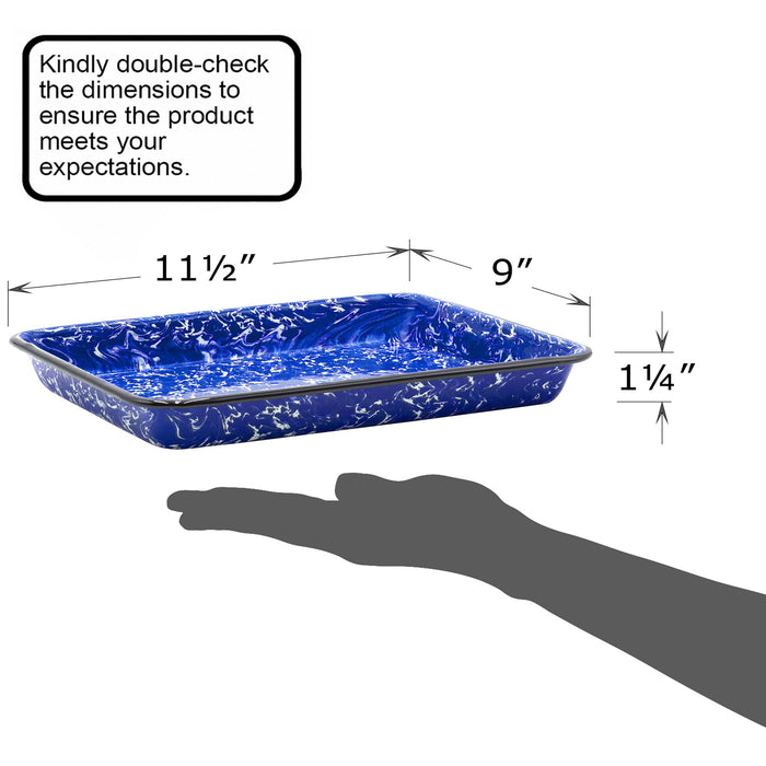 Red Co. 11" x 9" Enamelware Metal Classic 2 Quart Rectangular Serving Tray, Navy Blue Marble/Black Rim - Splatter Design
