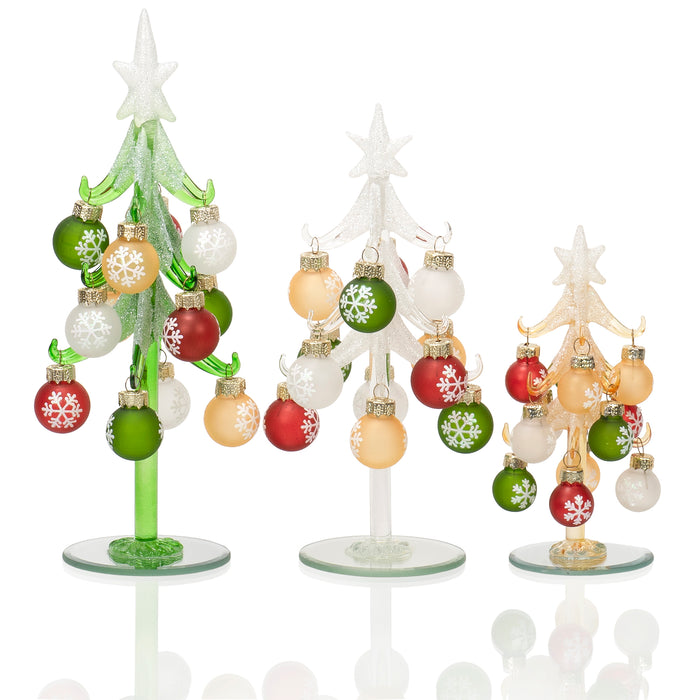Red Co. 6", 8", and 9.5" Assorted Glass Christmas Tree Tabletop Display Decoration with 12 Colorful Ball Ornaments, Holiday Season Décor – Set of 3 Sizes