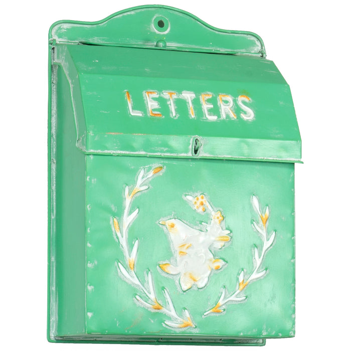 Red Co. 10.5” x 15” Farmhouse Letters Embossed Metal Wall-Mount Mailbox, Distressed Mint Green