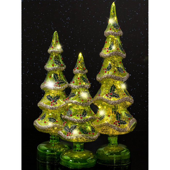 Red Co. Set of 3 (14.5”, 12”, 10.5”) Glass Light-Up Decorative Tabletop Christmas Tree Holiday Figurine with LED Lights, Festive Green