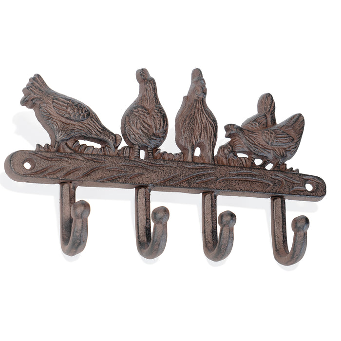 Red Co. Decorative Boho Style Metal Wall Hanging 4 Hook Rack for Coat, Robe, Towel, Keys – Hens and Chicks
