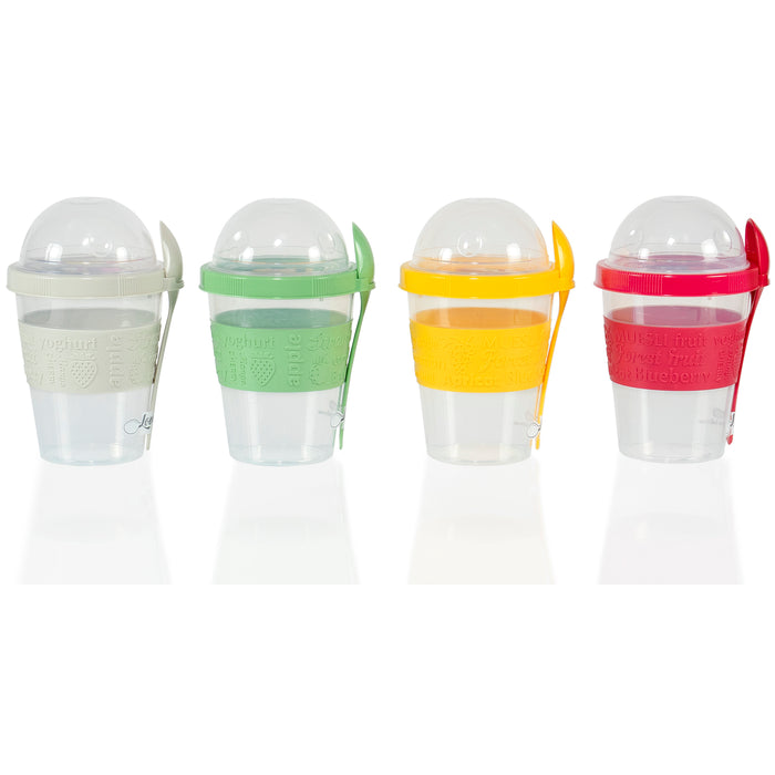 Red Co. Set of 4 Breakfast On the Go 20 Oz Reusable Yogurt Cups with Lid & Spoon – White, Pink, Green, Yellow