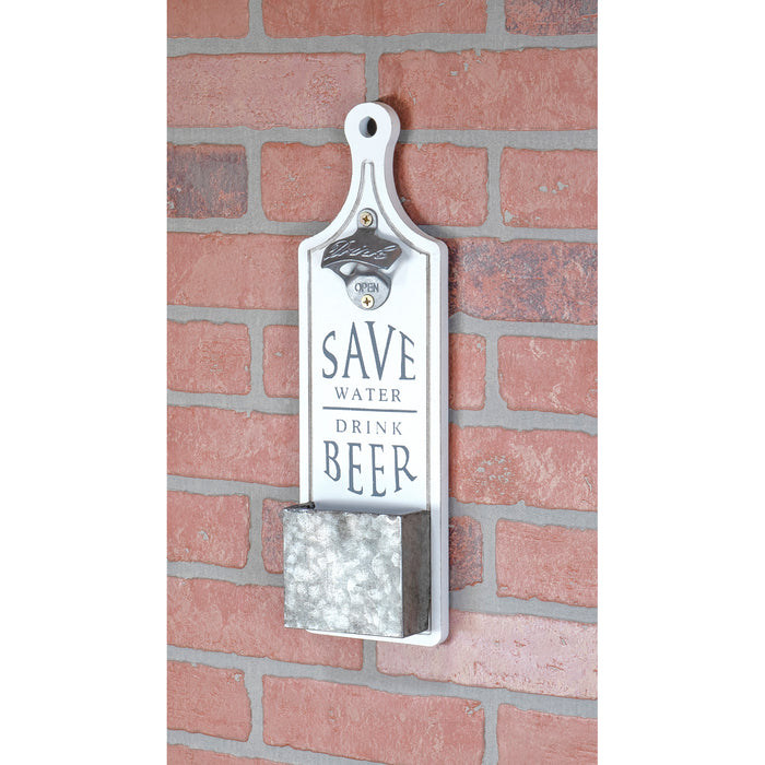 Red Co. Rustic Wall-Mounted"Save Water, Drink Beer" White Wood and Metal One-Handed Bottle Opener, Cap Catcher
