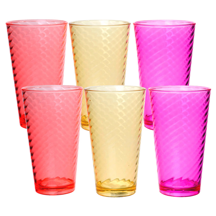 Swirl Break Resistant Plastic Beverage Tumbler - Colored Drinking Glasses for BBQ Outdoor Picnic Party, Assorted Colors, 17oz, Set of 6