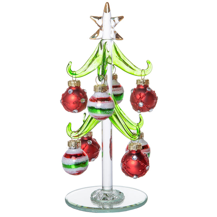 Mini Glass Christmas Tree, Small Table Top Holiday Season Décor with Removable Sphere Ornaments, Jeweled & Striped Red White & Gold, 6 Inches
