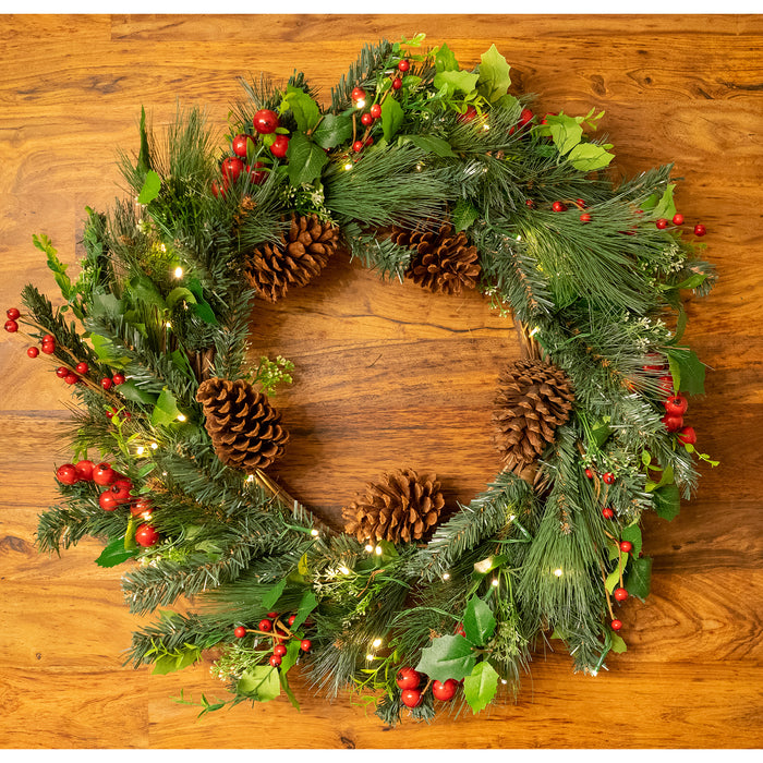 Red Co. Light-Up Christmas Spruce Wreath with Pinecones, Red Holly Berries and LED Lights, Solar Powered - 22 Inch