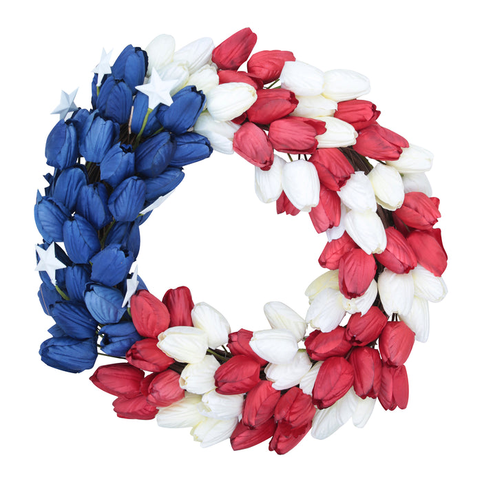 Red Co. 20 Inch Decorative Artificial Wall Hanging Wreath with Tulip Flowers in USA National Colors - Red, White, and Blue