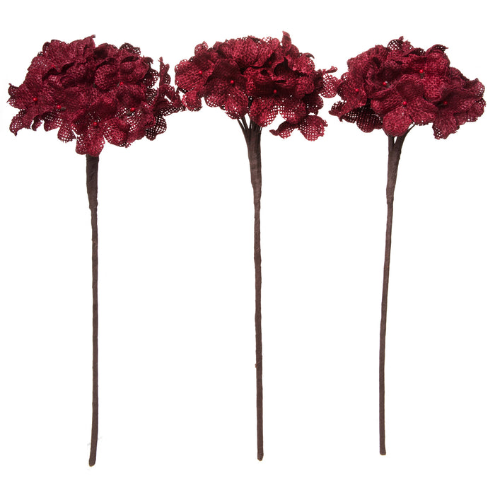 Red Co. Burlap Hydrangea Bunch, Decorative Faux Flowers, Artificial Floral Arrangements, Home Garden Décor, Set of 3-13 inch Each